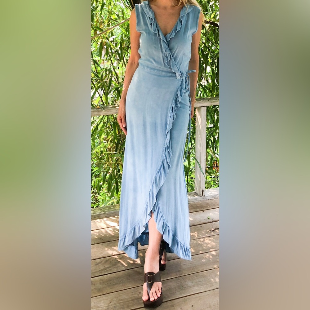 Light Blue Ruffle Wrap dress Maxi Chambray denim long wrap around size large